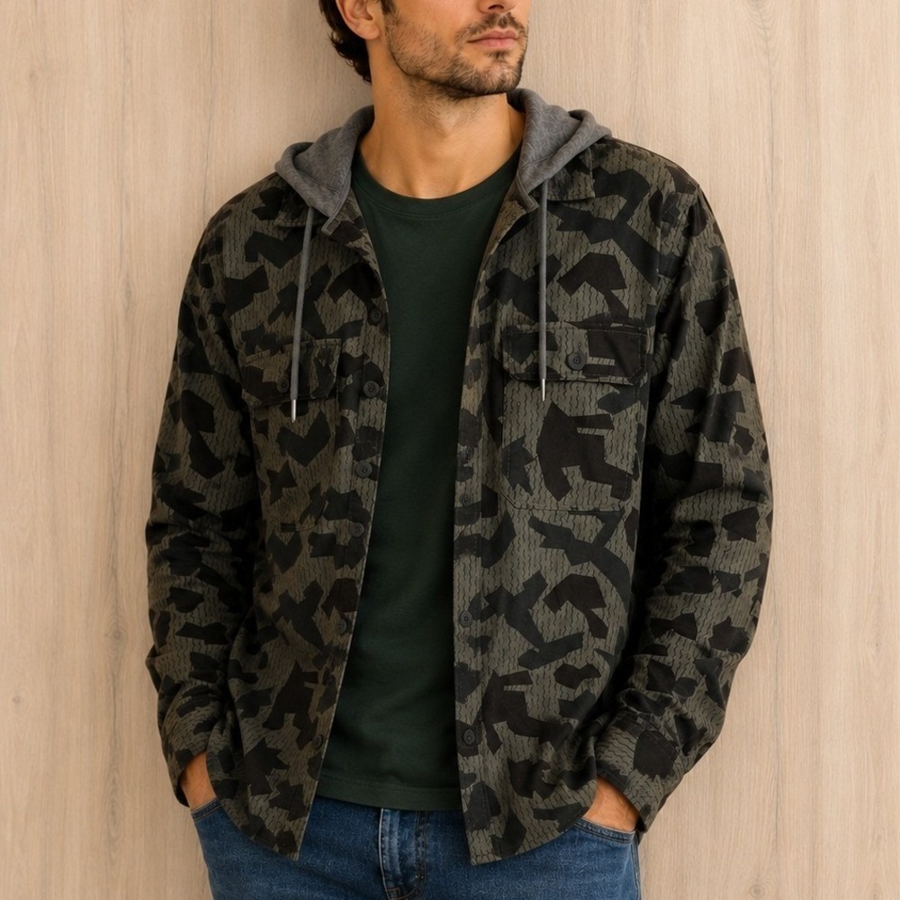 Express Mens Hooded Camo Shacket Large Green Utility Outdoor Streetwear Gorpcore